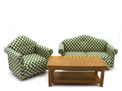 (image for) Miniature As-Is Green/White Check Living Room Set, 3pc