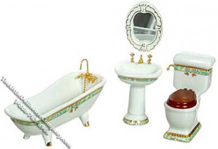 (image for) Miniature White w/Green Trim Porcelain Bath Set for Dollhouses