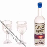 (image for) Dollhouse Scale Model White Wine Bottle with two Goblets