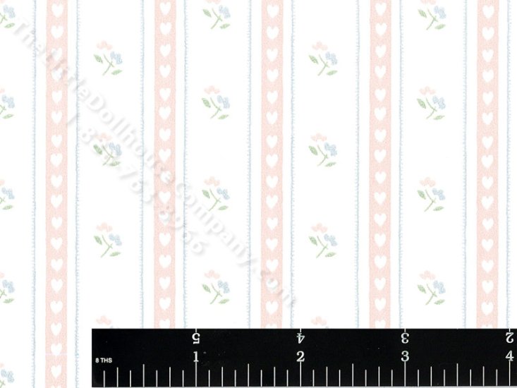 (image for) Pink Heart and Floral Stripe Miniature Wallpaper for Dollhouses