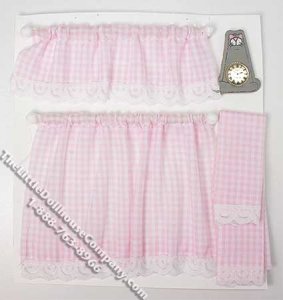 (image for) Miniature Pink Gingham Kitchen Curtain Set for Dollhouses