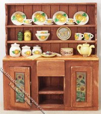 (image for) Miniature Distressed Sunflower Themed Oak Hutch for Dollhouses