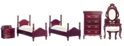 (image for) Dollhouse Miniature Mahogany Twin Bedroom Set