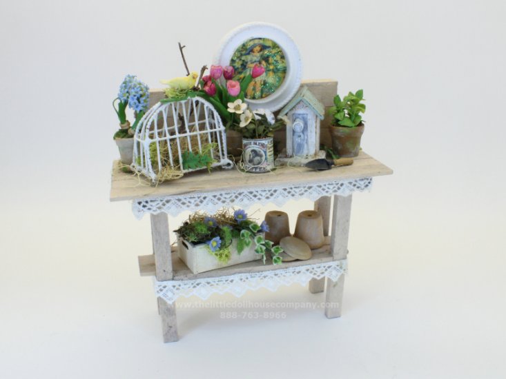 (image for) Miniature Potting Bench with Birdhouse and Framed Pictures