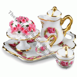 (image for) Miniature Tray With Coffee Pot And Rose Cake For Dollhouses