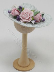 (image for) Miniature White Straw Hat With Pink Roses and Lilacs