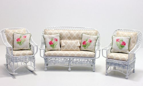 (image for) Miniature Metal White 3-Piece Seating Set with Beige Cushions