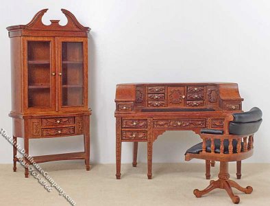 (image for) Miniature 3pc Walnut Cockcroft Study Set for Dollhouses