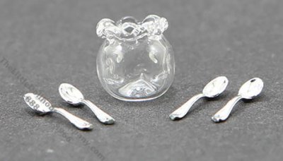 (image for) Miniature Glass Spooner With 4 Teaspoons For Dollhouses