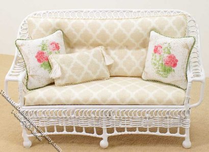 (image for) Miniature Metal White Settee w/Beige Cushions for Dollhouses