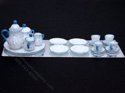 (image for) Miniature Light Blue Dots 17pc Tea Set for Dollhouses