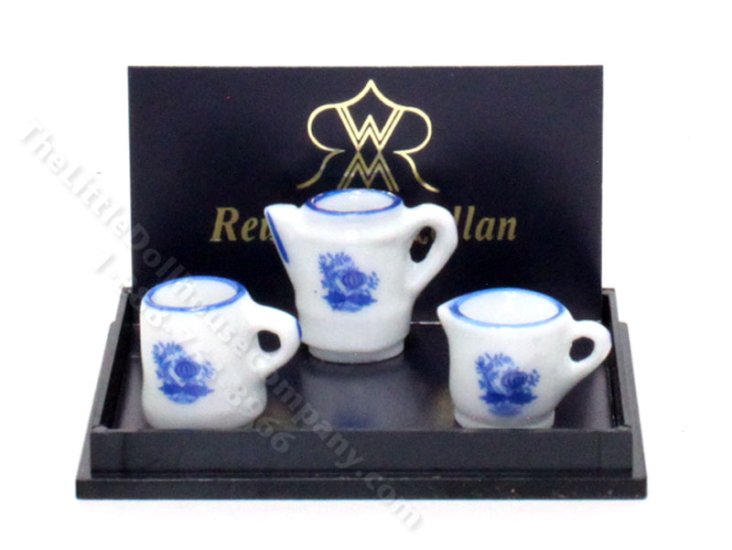 (image for) Miniature 3 Piece Blue Onion Tea Set for Dollhouses