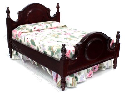 (image for) Miniature Mahogany Bed with Floral Bedding for Dollhouses
