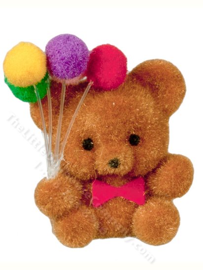 (image for) Miniature Flocked Brown Bear with Balloons for Dollhouses