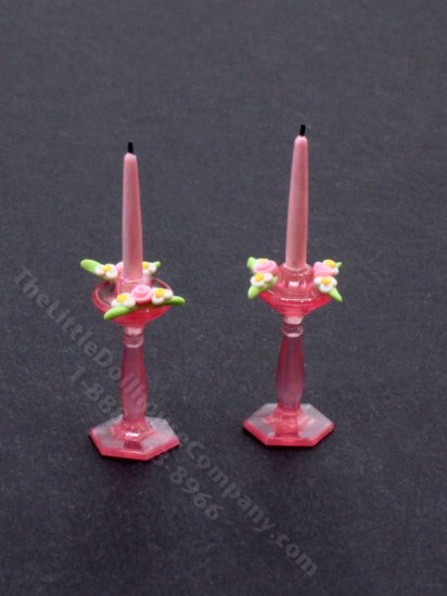 (image for) Miniature Pink Candlesticks with Flowers for Dollhouses