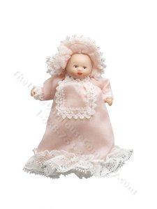 (image for) Miniature Porcelain Baby Doll in Pink Dress for Dollhouses