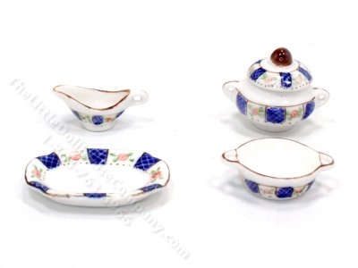 (image for) Miniature 5 Piece Blue/Rose Pattern Serving Set for Dollhouses