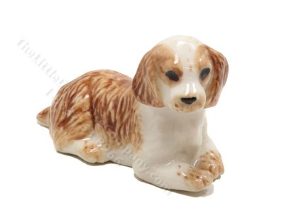 (image for) Miniature Porcelain Brown and White Spaniel Dog Figurine for Dollhouses