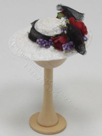 (image for) Miniature White Straw Hat With Silk Roses and Black Tulle Bow