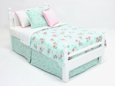 (image for) Miniature Single White Bed Dressed in Green and Rose