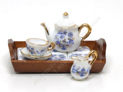 (image for) Miniature Porcelain Blue Onion Design Tea Set with Wooden Tray