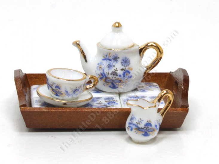 (image for) Miniature Porcelain Blue Onion Design Tea Set with Wooden Tray