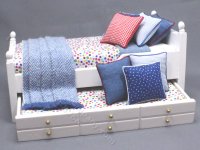 (image for) Miniature White Trundle Bed Dressed in Rainbow Dot Bedding