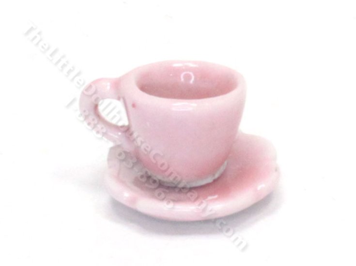(image for) Miniature Pink Glazed Tea Cup and Flower Saucer