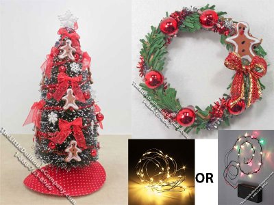 (image for) Miniature Gingerbread Christmas Tree, Wreath, and Lights Bundle