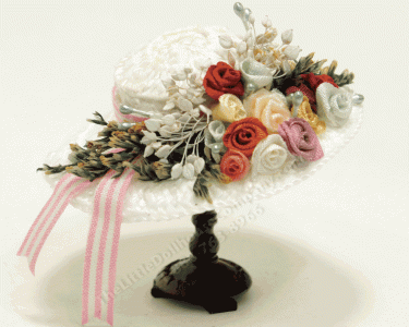 (image for) Miniature White Straw Hat With Silk Roses and Ferns