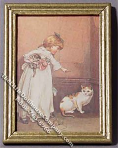 (image for) Miniature Painting of Girl with Cat in Gold Frame for Dollhouses