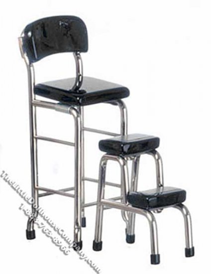 (image for) Miniature Black & Chrome Kitchen Stool w/Steps for Dollhouses