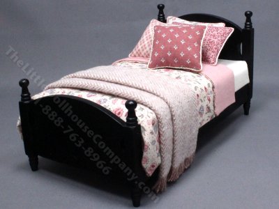 (image for) Miniature Black Bed Dressed in Rose and Ivory Bedding