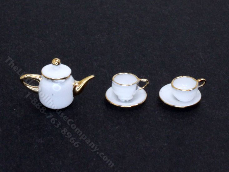 (image for) Miniature White and Gold Tea Set for Dollhouses