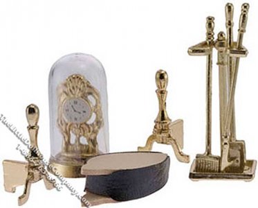 (image for) Dollhouse Scale Model Brass Fireplace Accessories with Clock