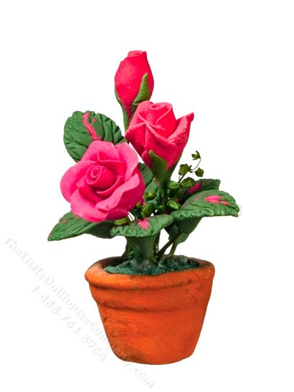 (image for) Miniature Bright Pink Roses in Pot for Dollhouses