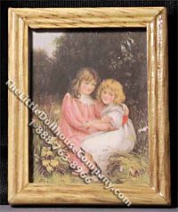 (image for) Miniature Painting of Two Girls in Oak Frame for Dollhouses
