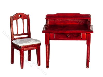 (image for) Miniature Small Desk and Chair for Dollhouses - Mahogany