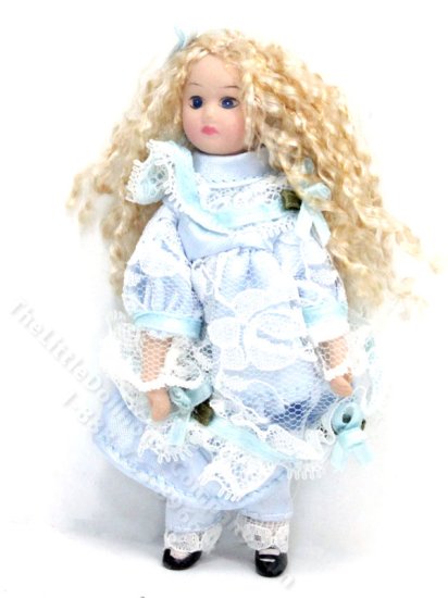 (image for) Miniature Little Girl in Blue Lace Dress for Dollhouses