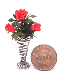 (image for) Miniature Bright Red Roses in a Silver Vase