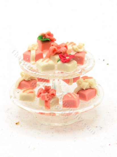 (image for) Miniature Pink Petits Fours on 2 Tier Pedestal by Sylvia Clarke