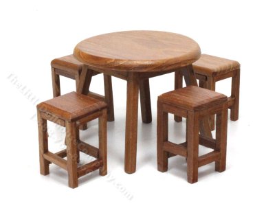 (image for) Miniature Round Walnut Kitchen Table with Stools
