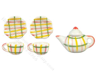 (image for) Miniature 6pc Plaid Ceramic Tea Set for Dollhouses