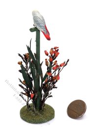 (image for) Vintage Miniature African Grey Parrot on Perch with Red Flowers for Dollhouses