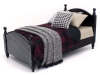 (image for) Miniature Black Bed Dressed in Plum and Black Bedding