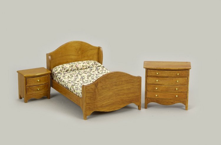 (image for) Miniature Three Piece Walnut Bed Set for Dollhouses