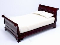 (image for) Miniature Mahogany Sleigh Bed with Lace Pillows for Dollhouses