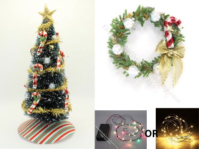 (image for) Miniature Candy Cane Christmas Tree, Wreath, and Lights Bundle