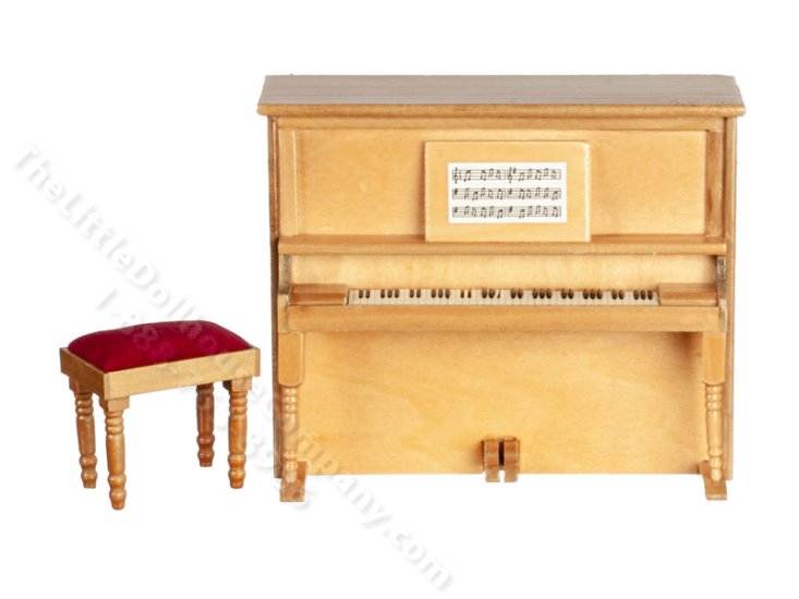 (image for) Miniature Oak Upright Piano with Music & Bench for Dollhouses