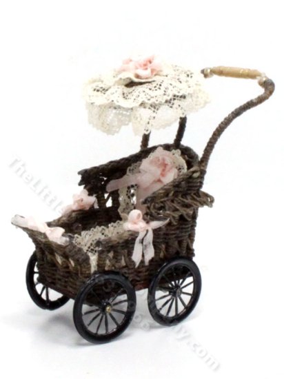 (image for) Miniature Wicker Pram with Parasol for Dollhouses